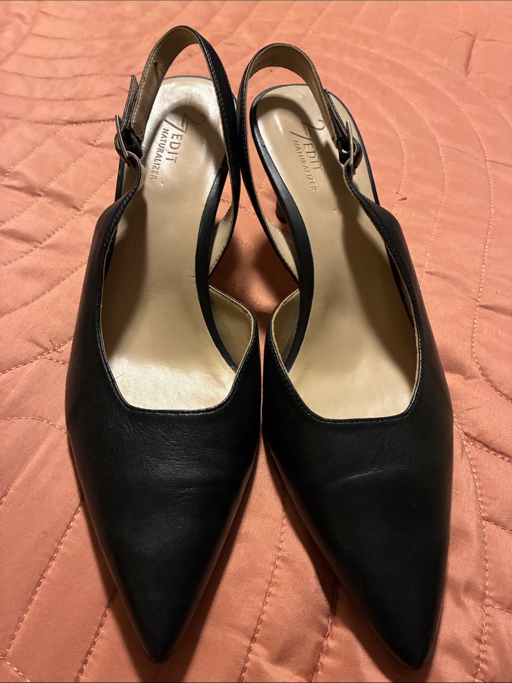 Black Pointed Slingback leather short heels
